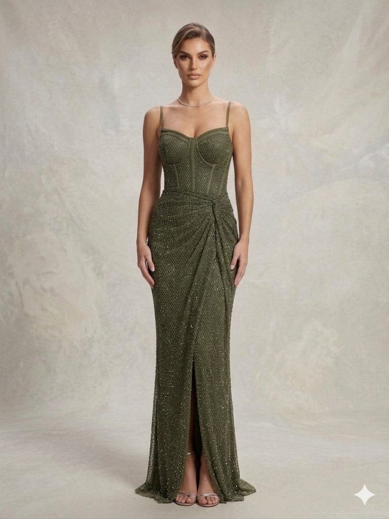 FOR COSTUME Kristal İşlemeli Korsaj Elbise 9983 - HAKİ