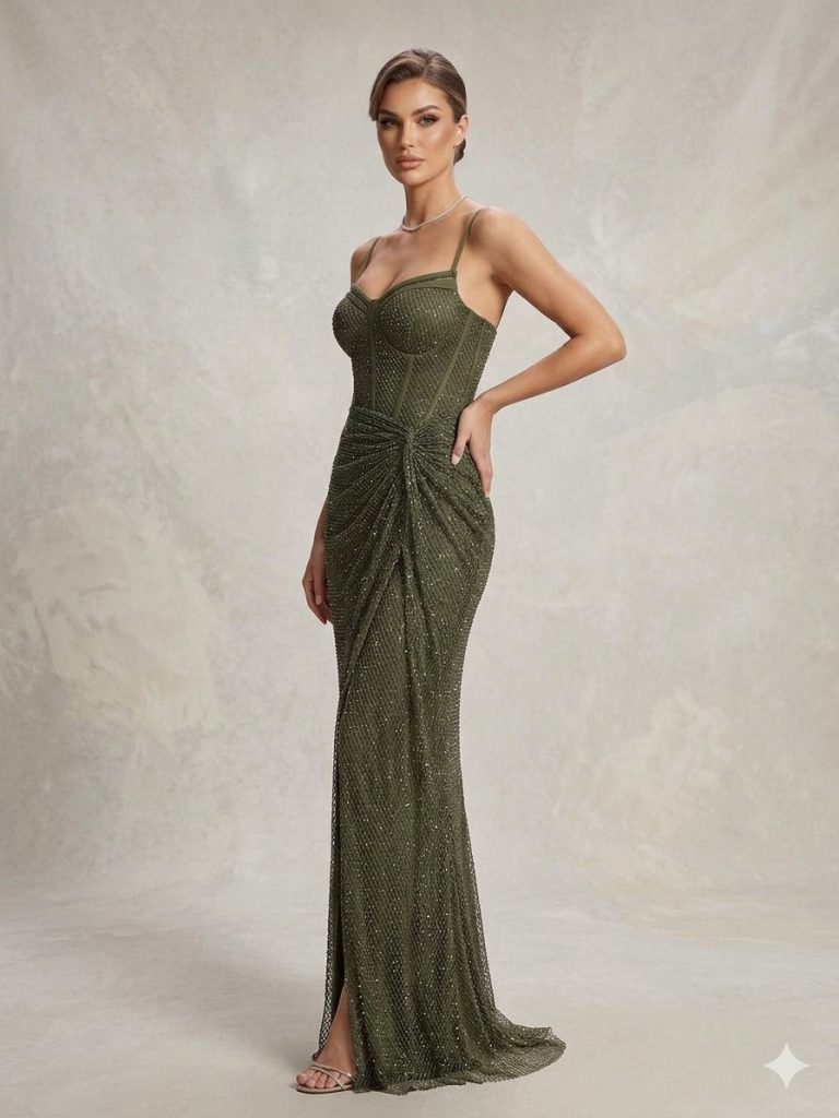 FOR COSTUME Kristal İşlemeli Korsaj Elbise 9983 - HAKİ