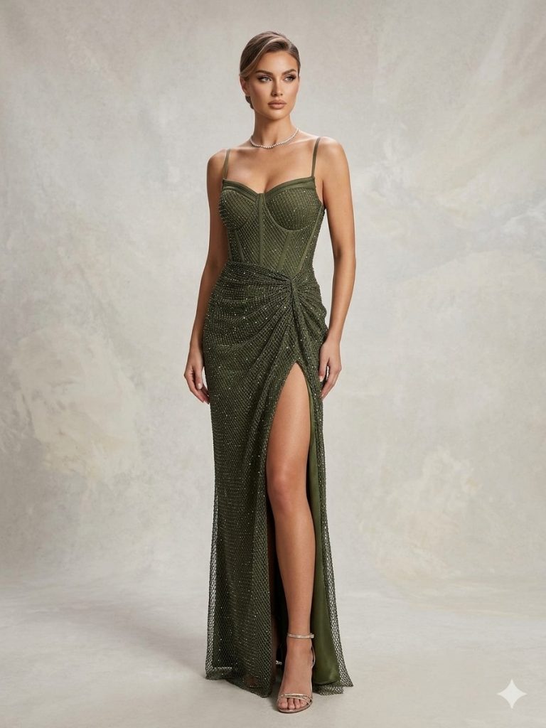 FOR COSTUME Kristal İşlemeli Korsaj Elbise 9983 - HAKİ