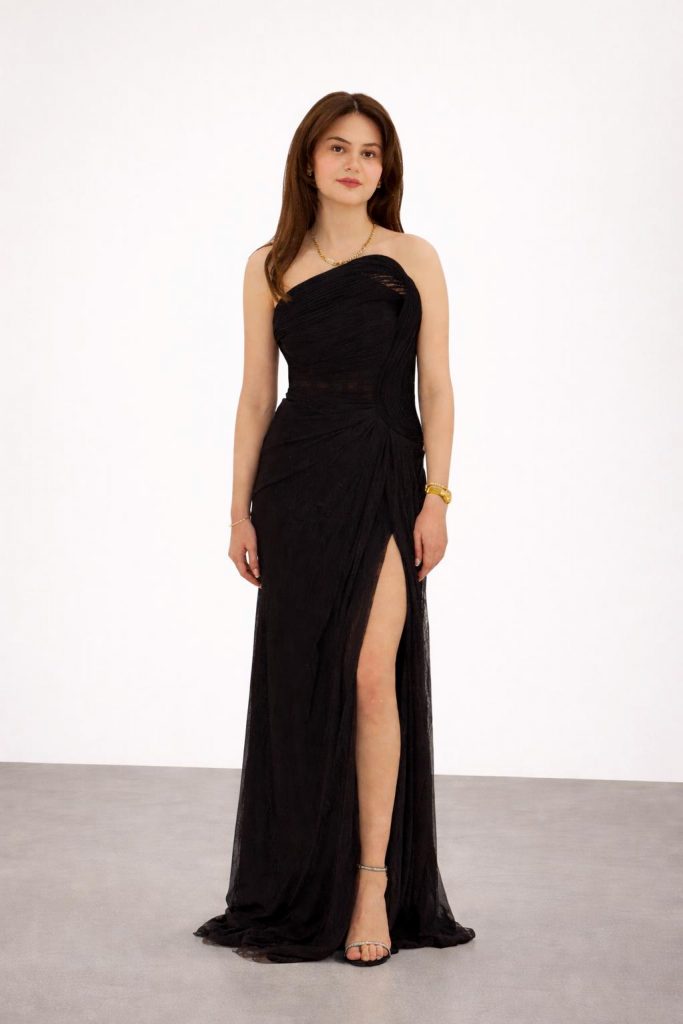 FOR COSTUME Straplez Yırtmaç Detaylı Abiye Elbise 9850 - kahve