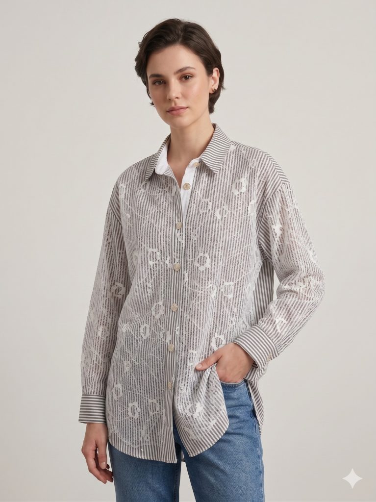 GHİSA Dantel Detaylı Çizgili Tunik 4316 - kahve