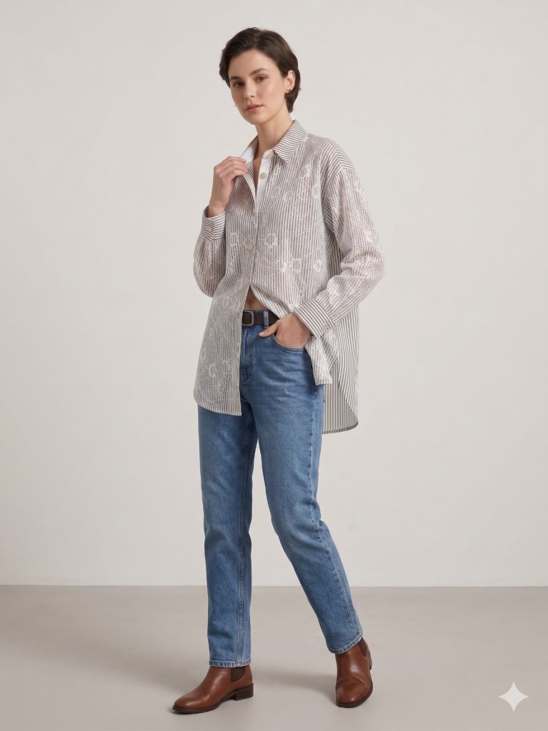 GHİSA Dantel Detaylı Çizgili Tunik 4316 - kahve