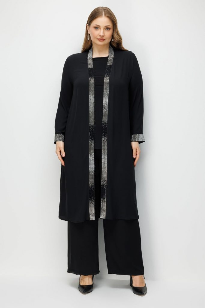 Modailgi Yaka Bantı ve Manşeti Taş Detaylı Uzun İkili Takım 40363 - Siyah