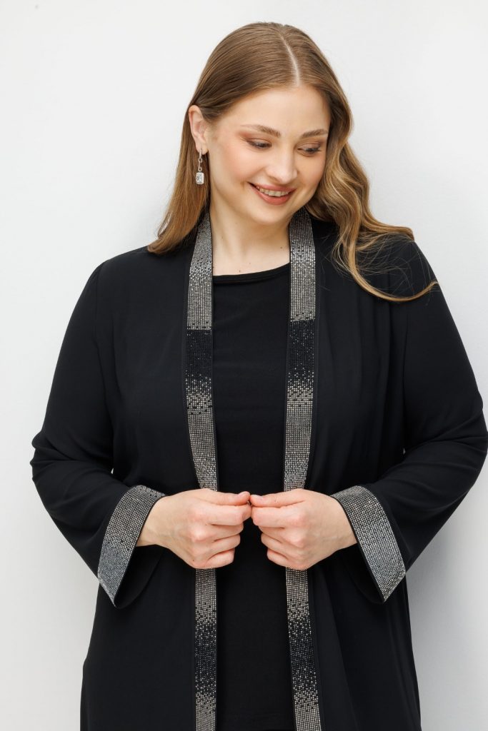 Modailgi Yaka Bantı ve Manşeti Taş Detaylı Uzun İkili Takım 40363 - Siyah