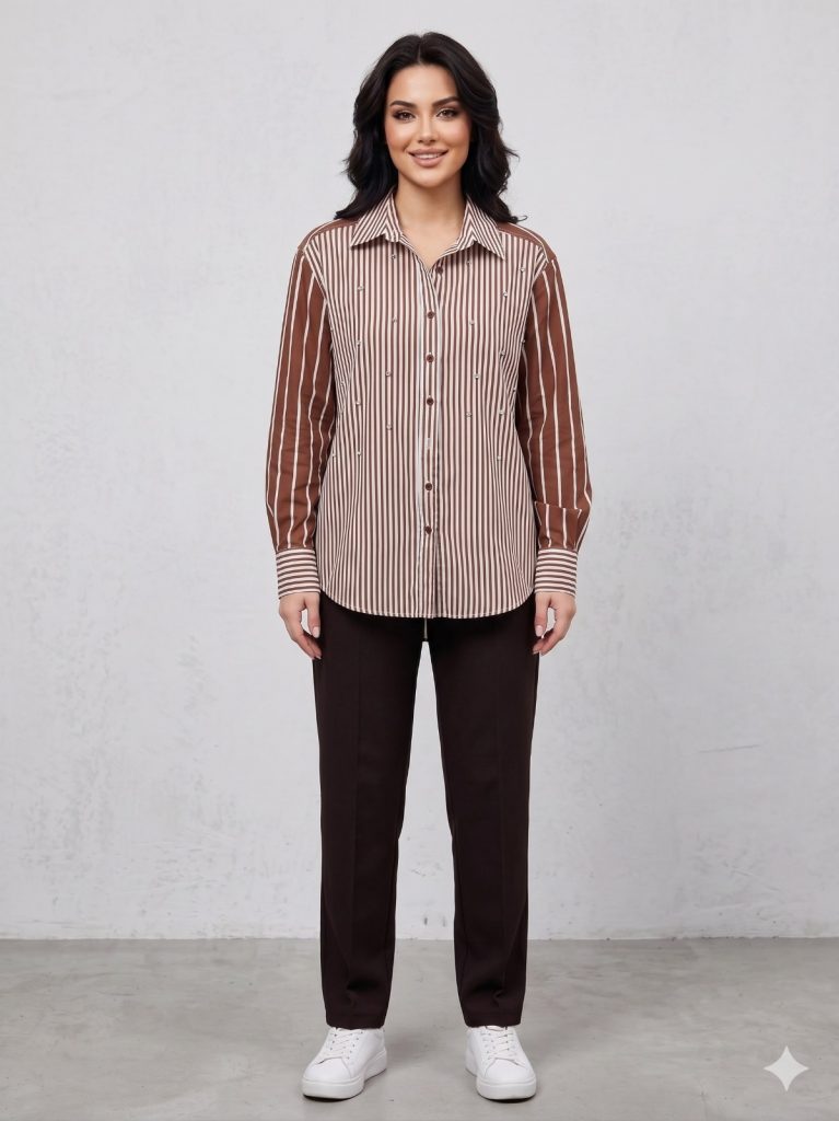 GİLDA Taş İşlemeli Çizgli Gömlek 40352 - kahve