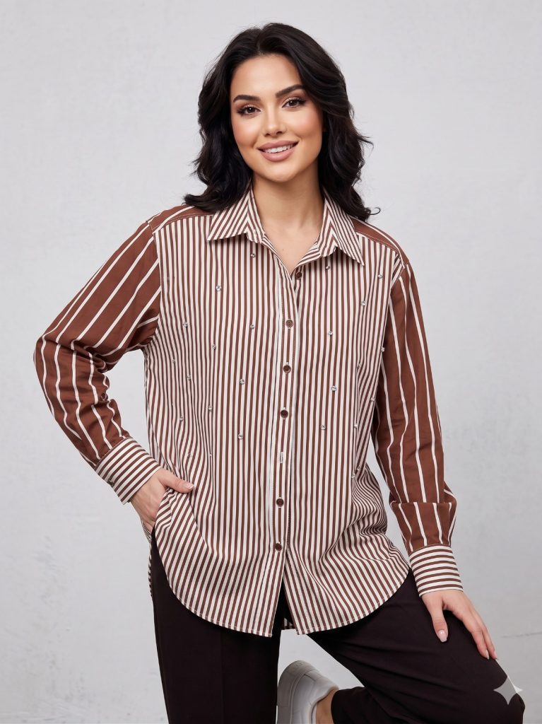 GİLDA Taş İşlemeli Çizgli Gömlek 40352 - kahve