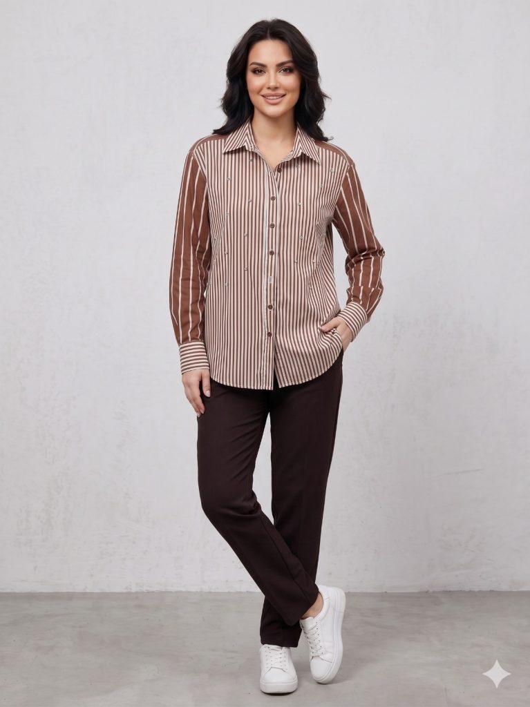 GİLDA Taş İşlemeli Çizgli Gömlek 40352 - kahve