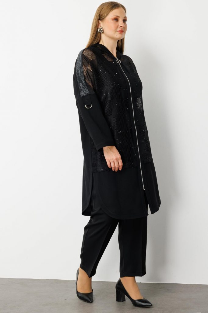 GİLDA Pullu File Detaylı Kolu Apoletli Kapişonlu 70009 - Siyah