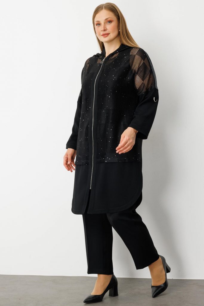 GİLDA Pullu File Detaylı Kolu Apoletli Kapişonlu 70009 - Siyah