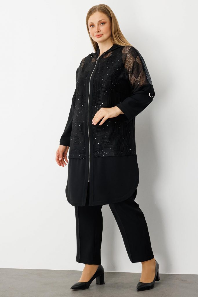 GİLDA Pullu File Detaylı Kolu Apoletli Kapişonlu 70009 - Siyah