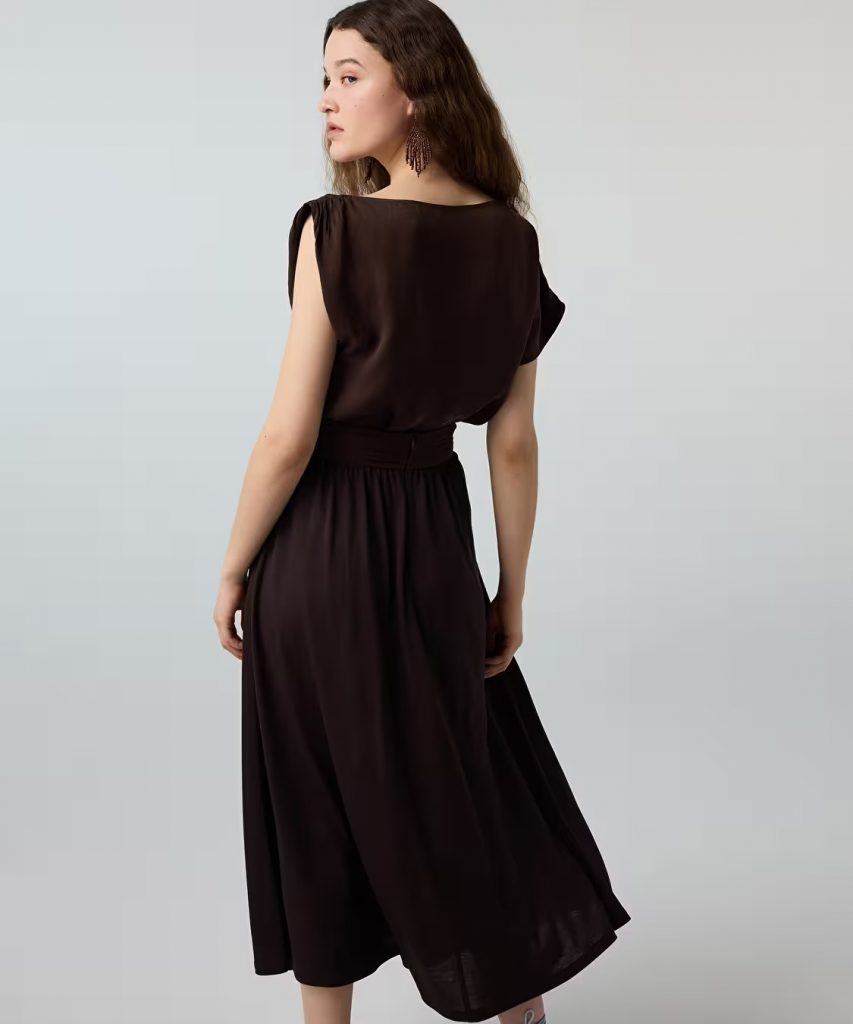 İPEKYOL Nervürlü Kuşaklı Kloş Etek IS1260004145 - kahve