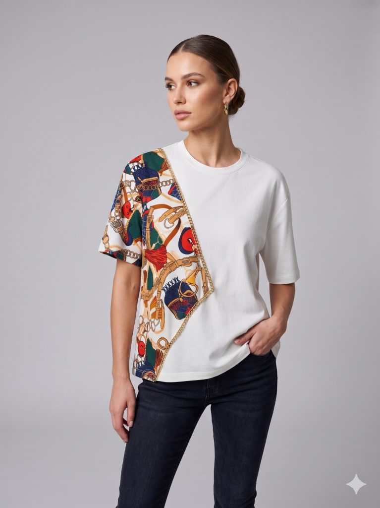 KASHA Kendinden Desenli Zincir Detaylı T-shirt 26YT014 - EKRU