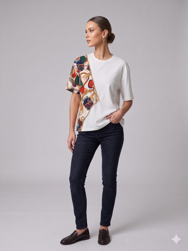 KASHA Kendinden Desenli Zincir Detaylı T-shirt 26YT014 - EKRU