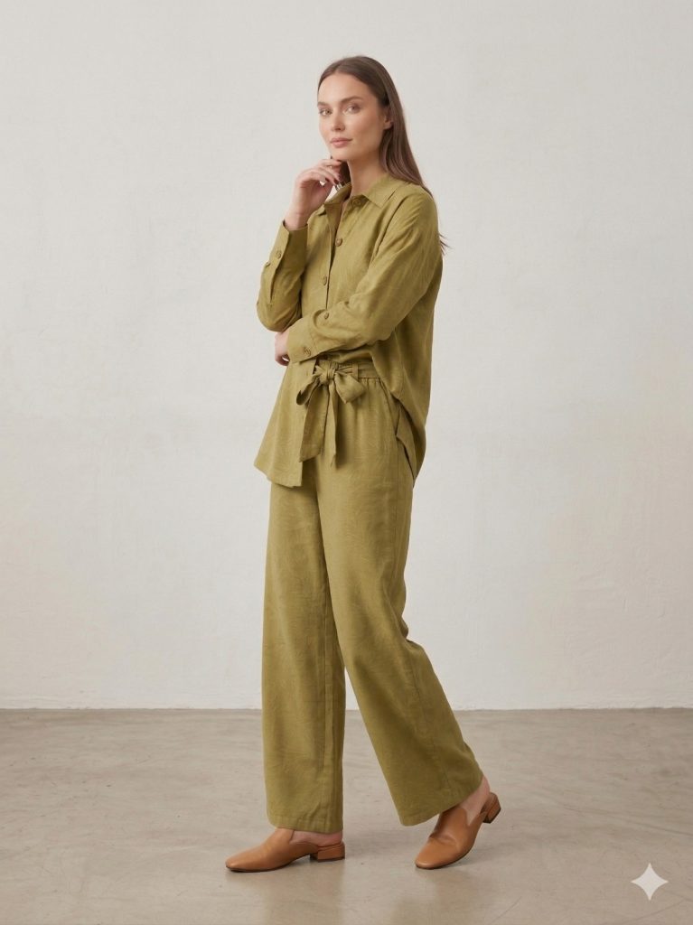 KAYRA Kendinden Çiçek İşlemeli Takım 16063 - HAKİ