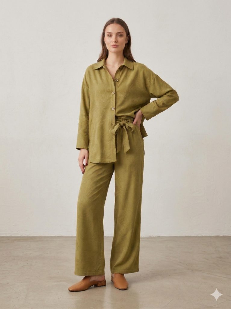 KAYRA Kendinden Çiçek İşlemeli Takım 16063 - HAKİ