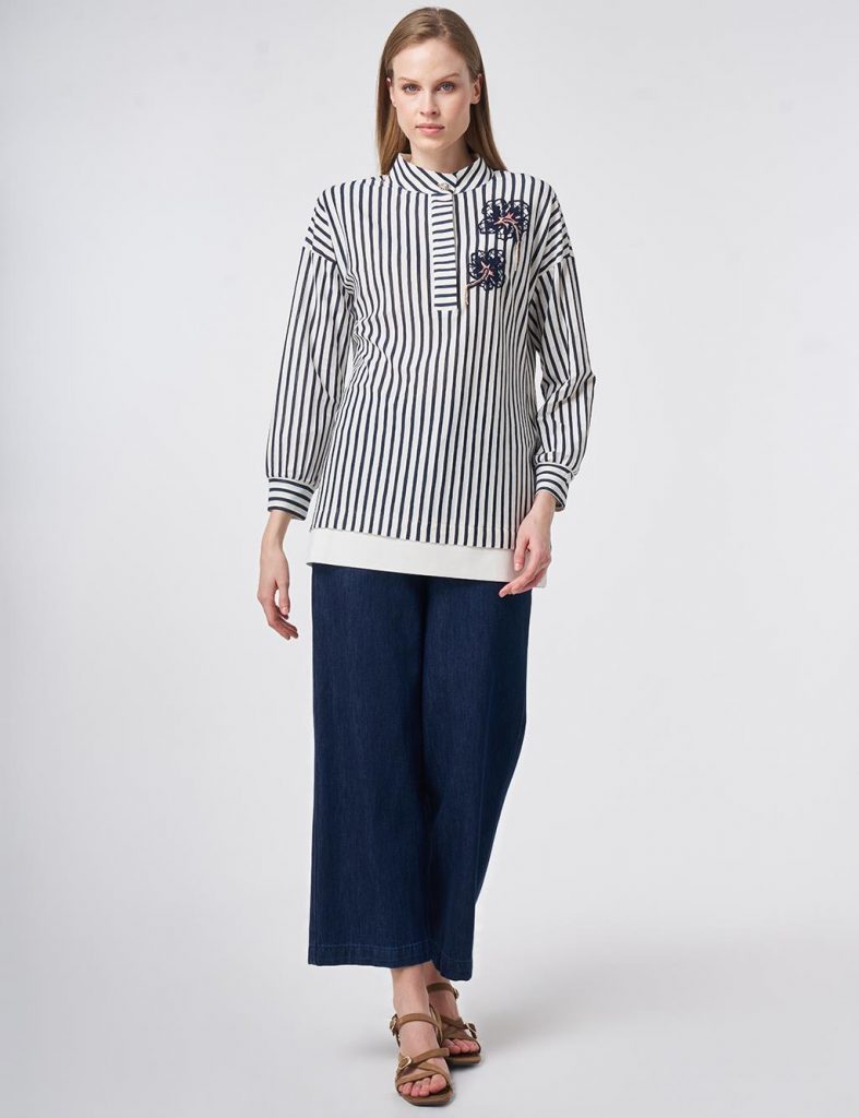 KAYRA Parlak Düğmeli Dik Yaka Pamuklu Bluz 70029 - MAVİ