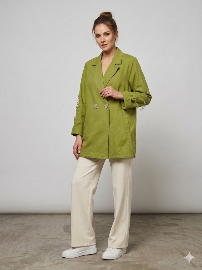 KAYRA Kolu Zincir Detaylı Ceket 73022 - MATCHA YEŞİLİ