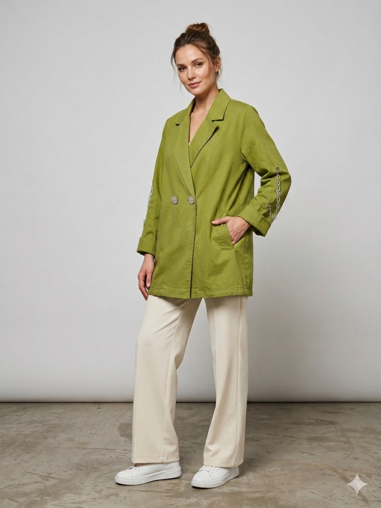 KAYRA Kolu Zincir Detaylı Ceket 73022 - MATCHA YEŞİLİ