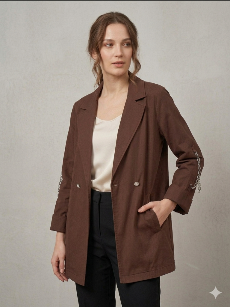 KAYRA Kolu Zincir Detaylı Ceket 73022A - ÇİKOLATA