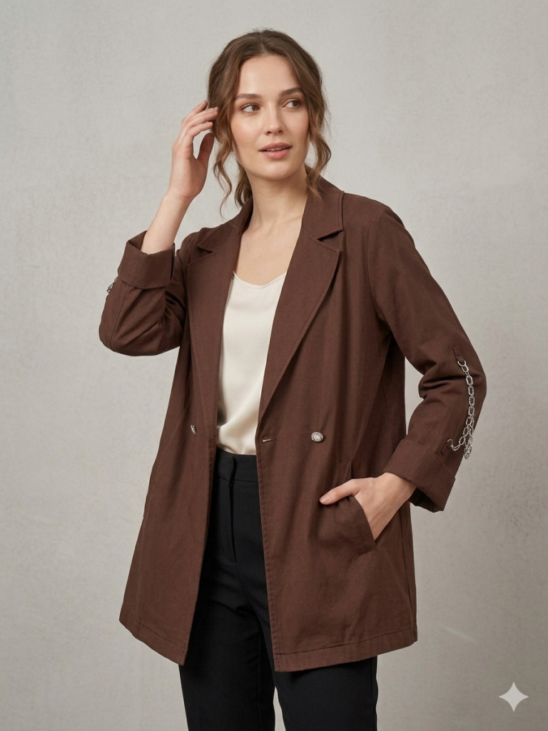 KAYRA Kolu Zincir Detaylı Ceket 73022A - ÇİKOLATA