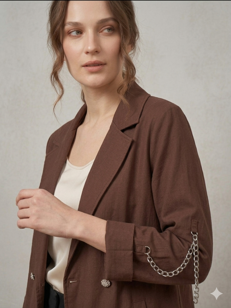 KAYRA Kolu Zincir Detaylı Ceket 73022A - ÇİKOLATA