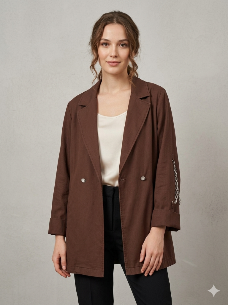 KAYRA Kolu Zincir Detaylı Ceket 73022A - ÇİKOLATA