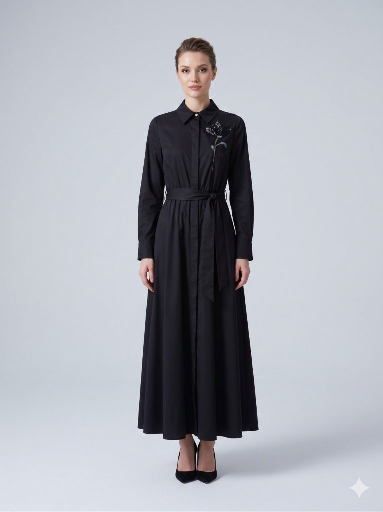 KAYRA Çiçek İşlemeli Kemer Detaylı Elbise 23046 - Siyah