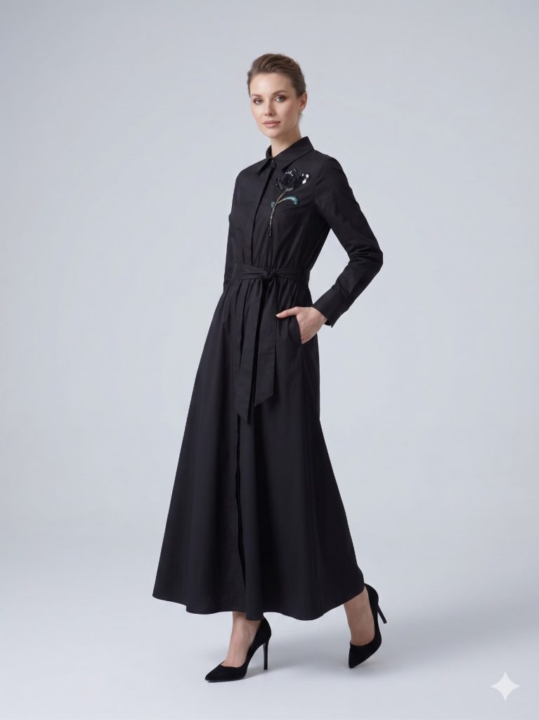 KAYRA Çiçek İşlemeli Kemer Detaylı Elbise 23046