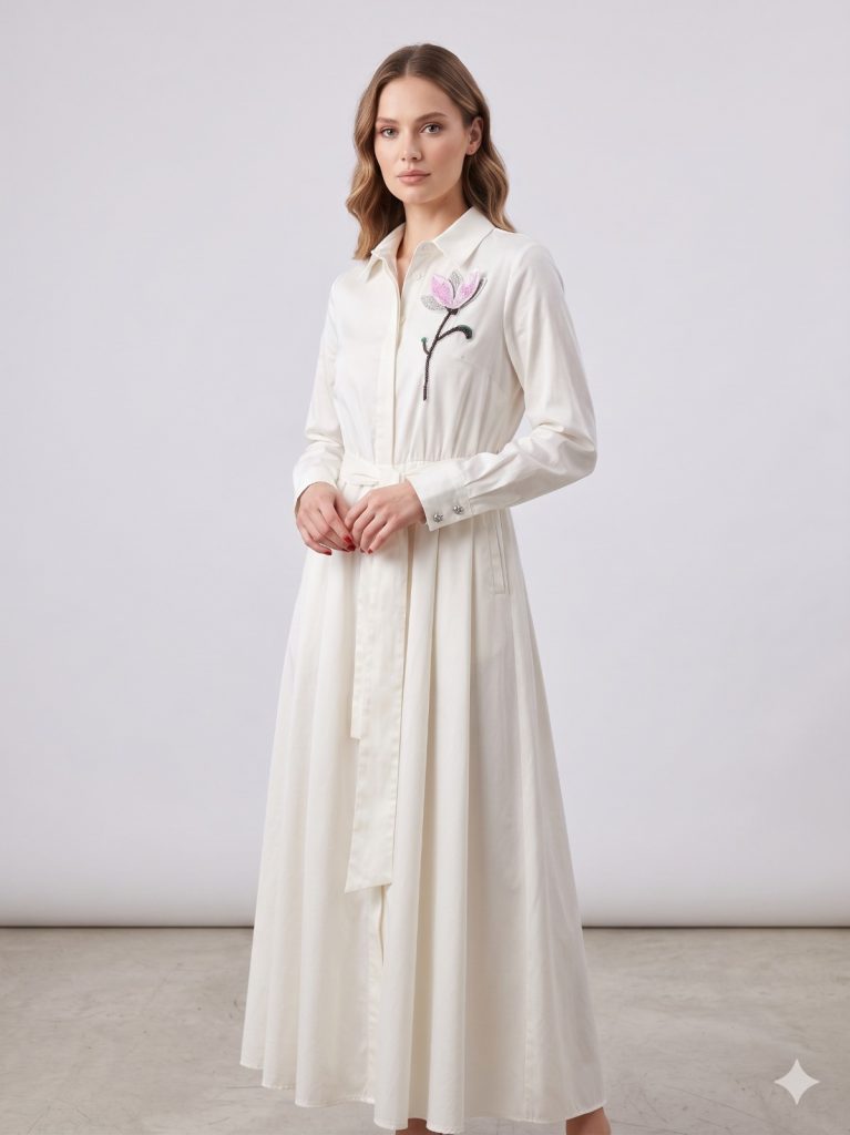 KAYRA Çiçek İşlemeli Kemer Detaylı Elbise 23046 - EKRU