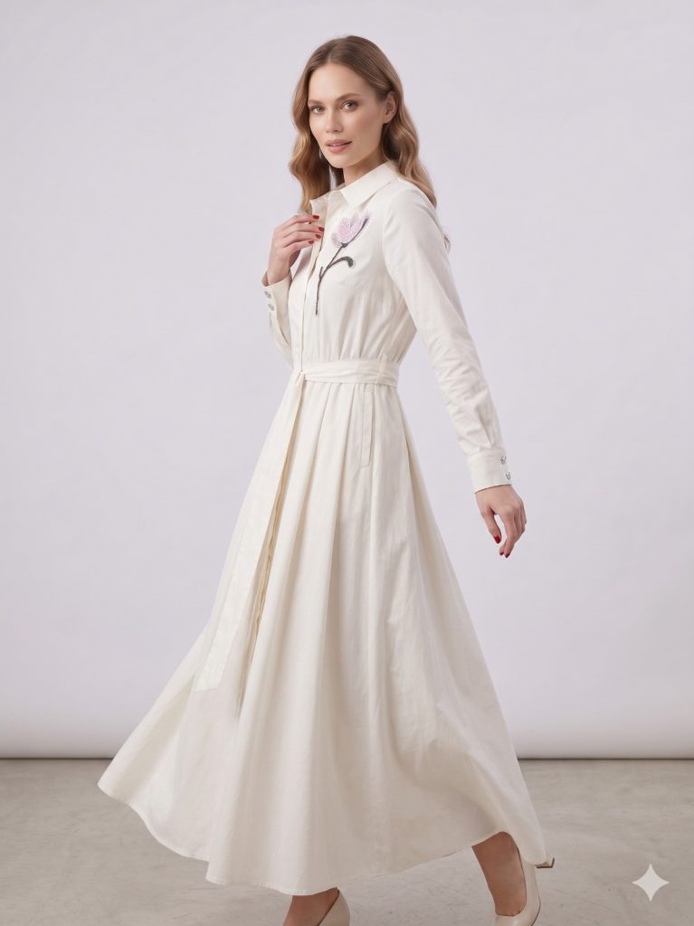 KAYRA Çiçek İşlemeli Kemer Detaylı Elbise 23046 - EKRU