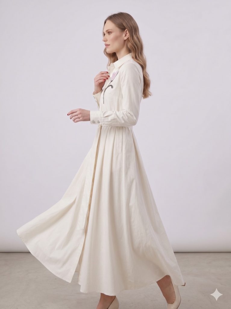 KAYRA Çiçek İşlemeli Kemer Detaylı Elbise 23046 - EKRU