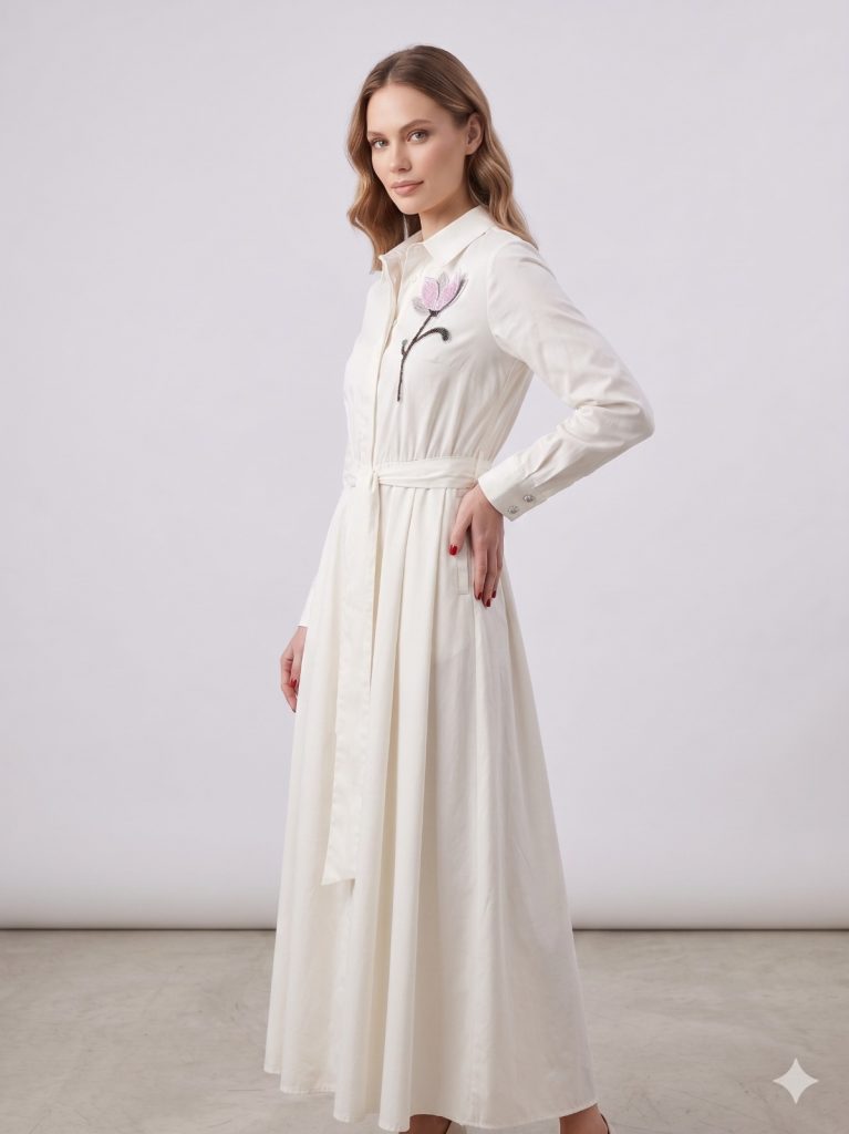 KAYRA Çiçek İşlemeli Kemer Detaylı Elbise 23046 - EKRU