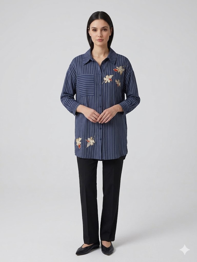 KAYRA Çiçek Detaylı Nakış İşlemeli Gömlek 11043 - K.LACİVERT