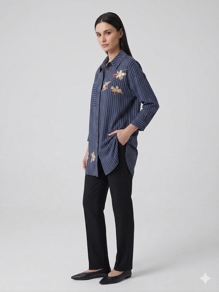 KAYRA Çiçek Detaylı Nakış İşlemeli Gömlek 11043 - K.LACİVERT