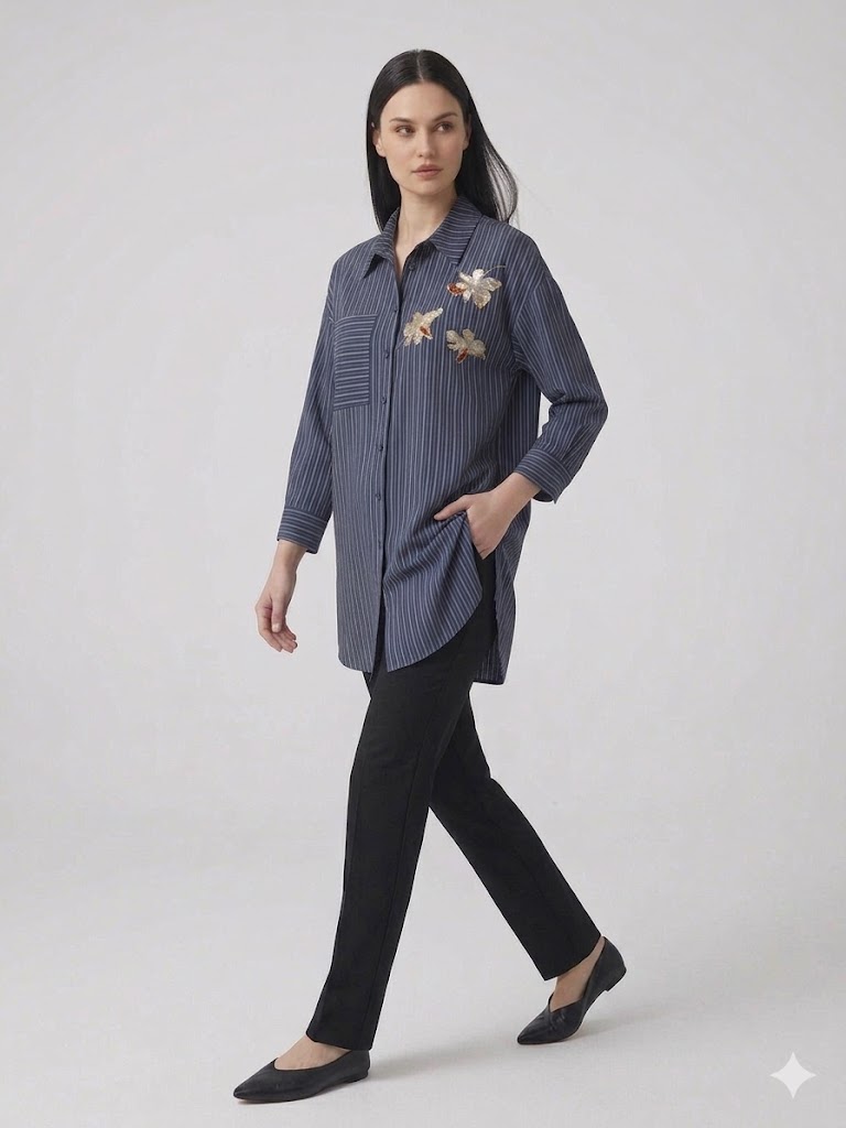 KAYRA Çiçek Detaylı Nakış İşlemeli Gömlek 11043 - K.LACİVERT