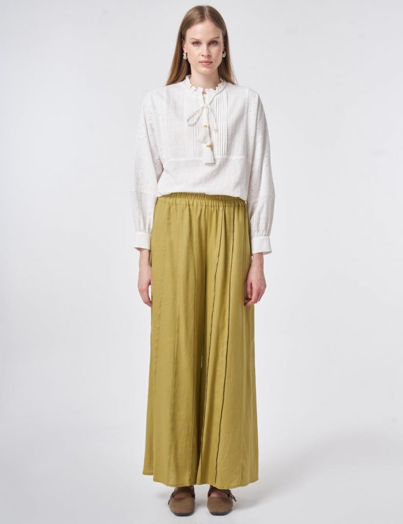 KAYRA Parça Dikişli Keten Lyocell Pantolon 19155 - YAĞ YEŞİLİ