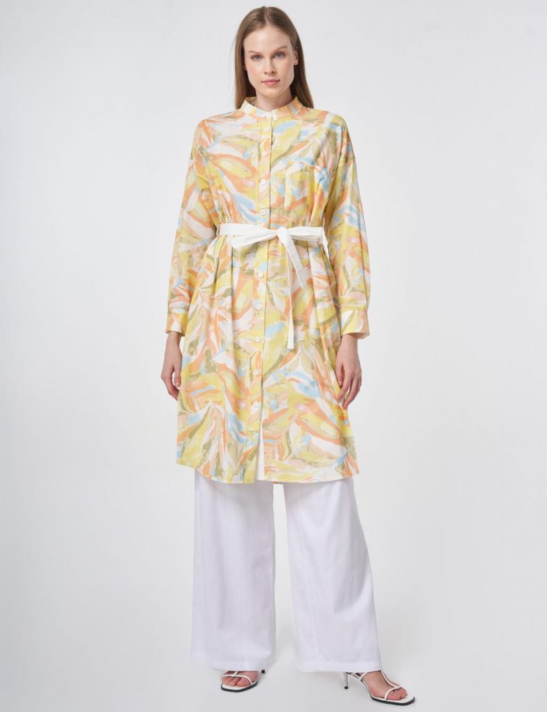 KAYRA %100 Pamuklu Hakim Yaka Uzun Tunik 21133 - LİMON