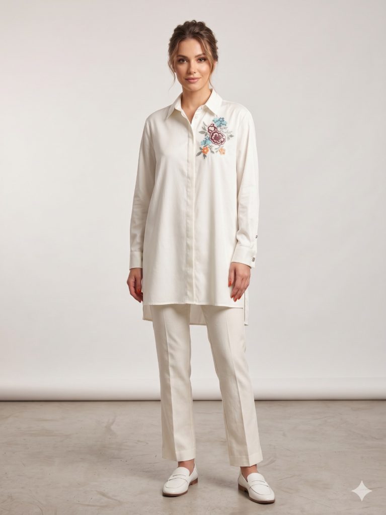 KAYRA Çiçek Detaylı İşlemeli Tunik 21153 - EKRU