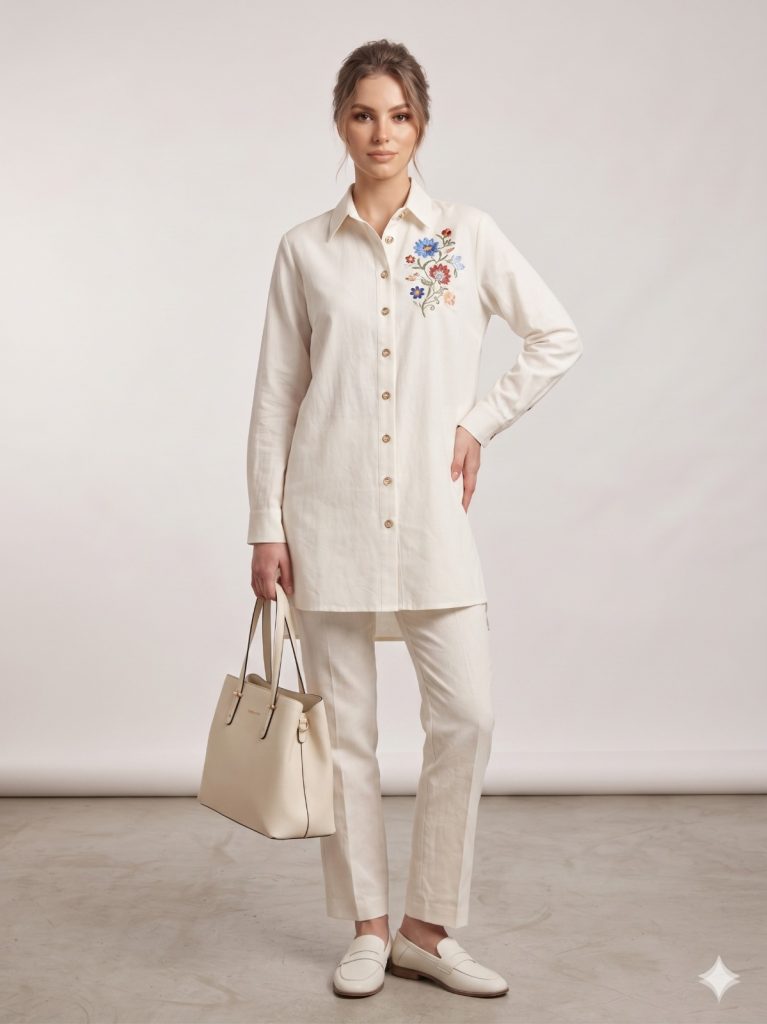 KAYRA Çiçek Detaylı İşlemeli Tunik 21153 - EKRU