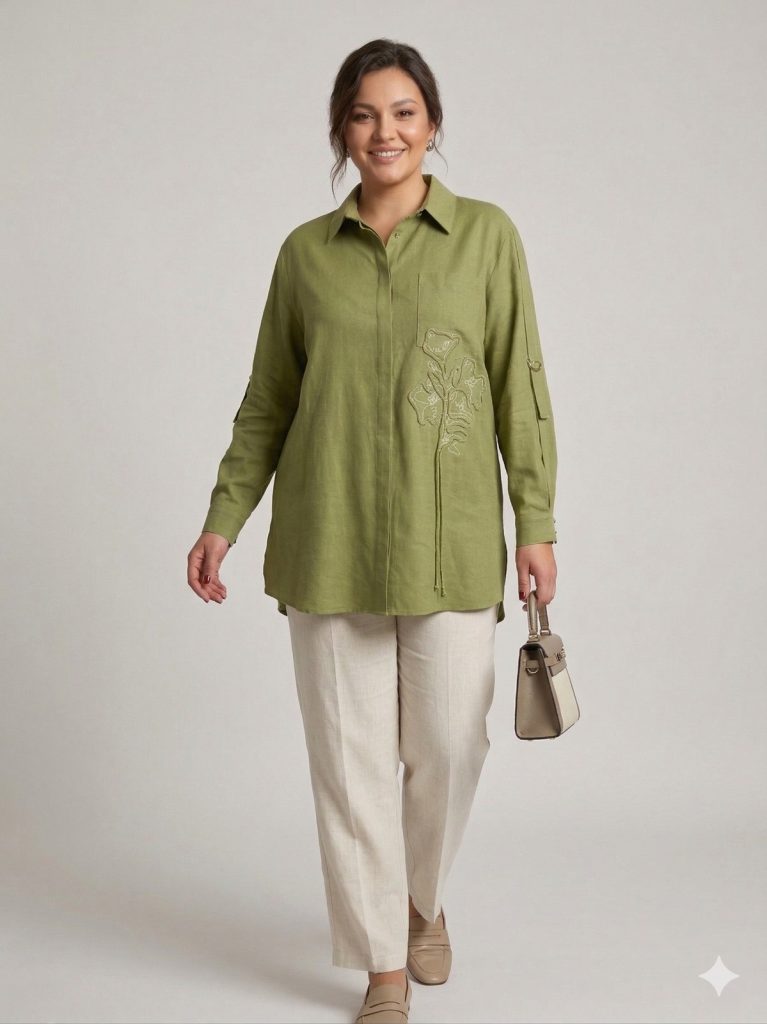 KAYRA Önü Nakışlı Gömlek 21174 - MATCHA YEŞİLİ