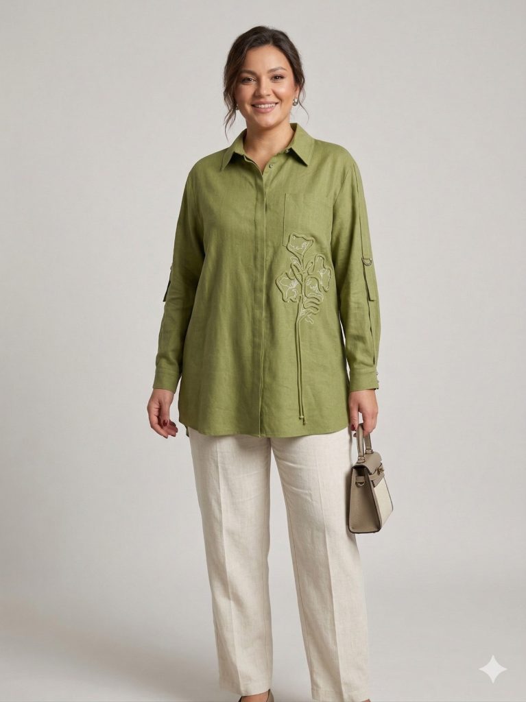 KAYRA Önü Nakışlı Gömlek 21174 - MATCHA YEŞİLİ