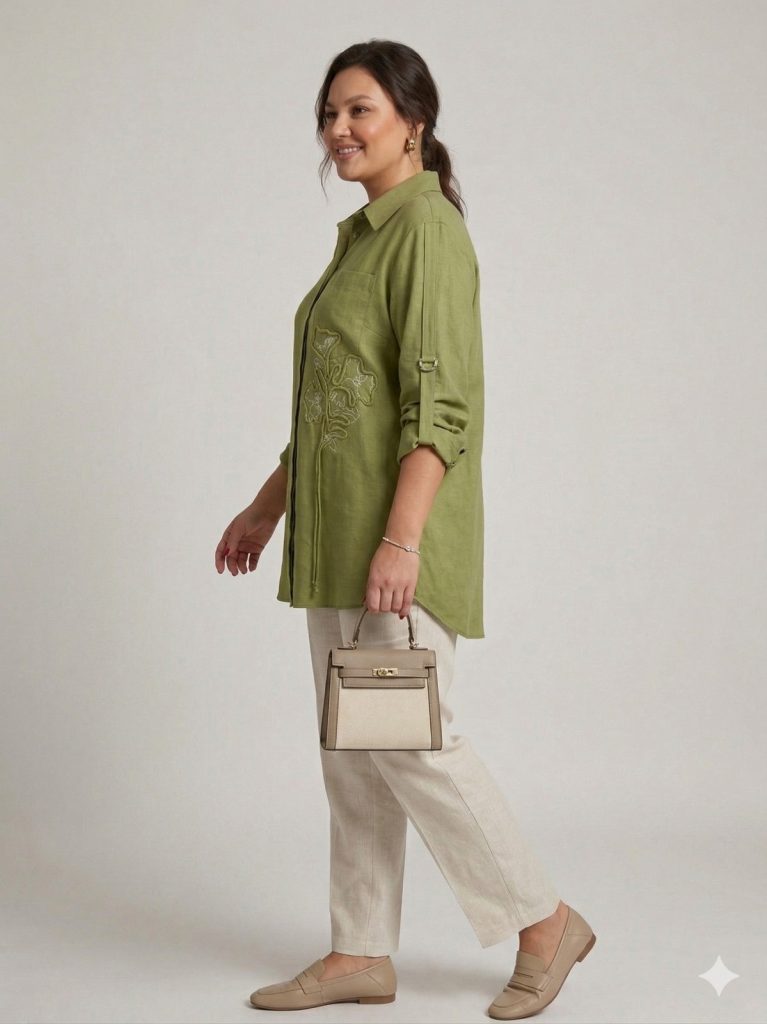 KAYRA Önü Nakışlı Gömlek 21174 - MATCHA YEŞİLİ
