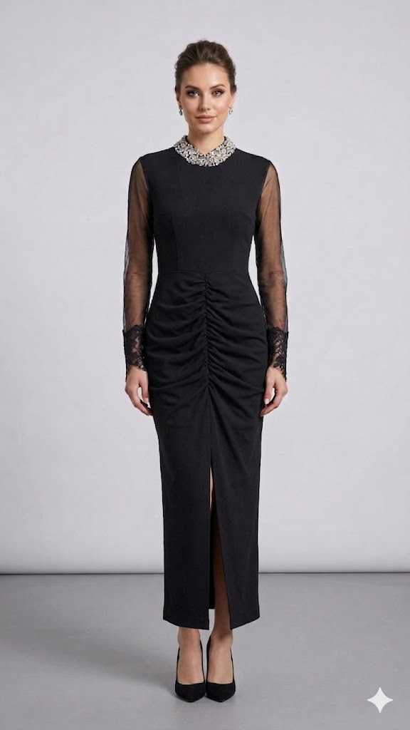 Centilmen Taşlı Boyun & Bilek Dantel Detaylı Elbise