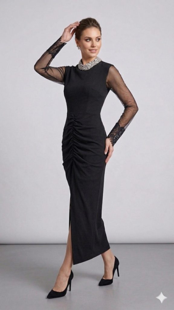 Centilmen Taşlı Boyun & Bilek Dantel Detaylı Elbise