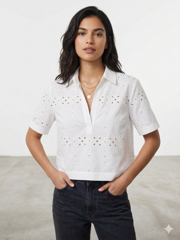 MAVİ V Yaka Nakış İşlemeli Crop Gömlek M1211476-70057