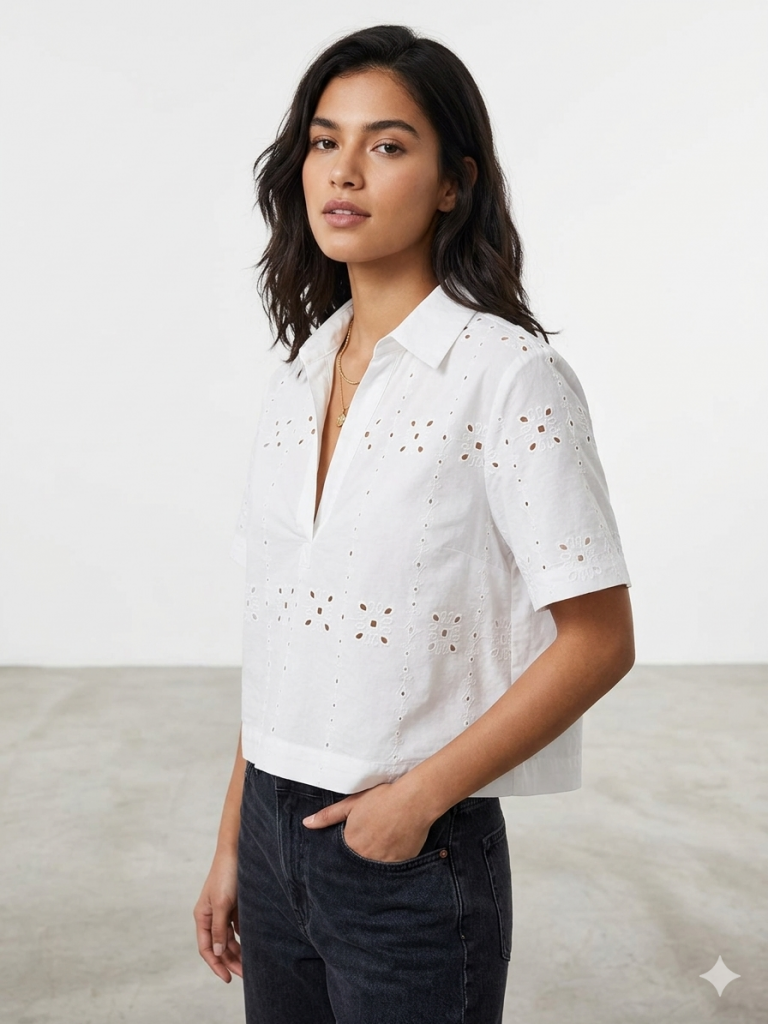 MAVİ V Yaka Nakış İşlemeli Crop Gömlek M1211476-70057