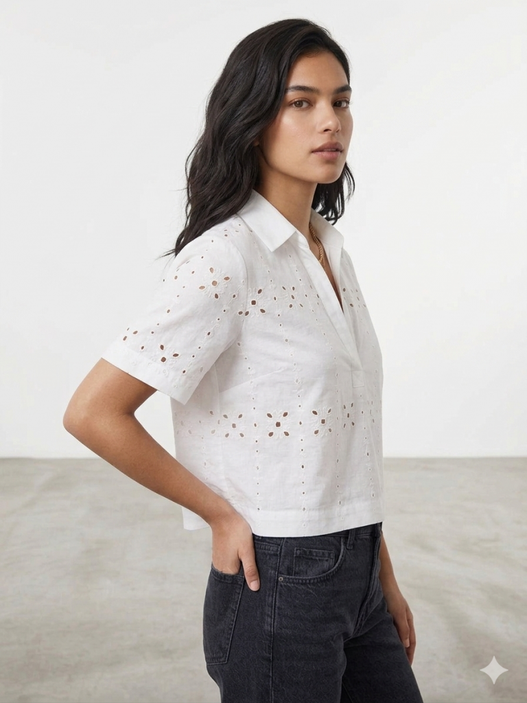 MAVİ V Yaka Nakış İşlemeli Crop Gömlek M1211476-70057