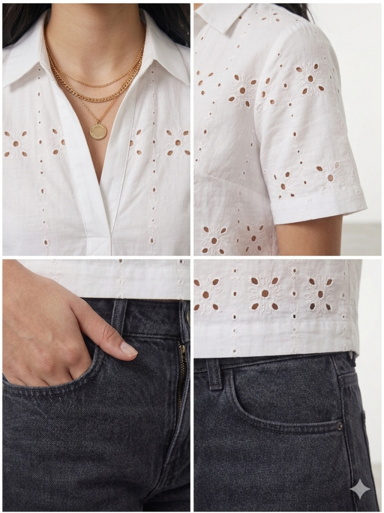 MAVİ V Yaka Nakış İşlemeli Crop Gömlek M1211476-70057