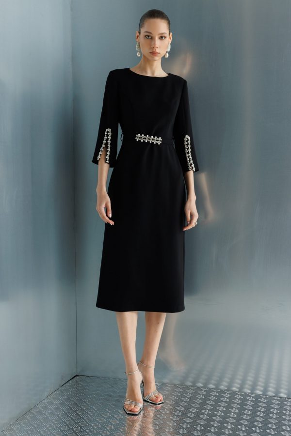 MODAİLGİ Kolları Yırtmaçlı İncili Aksesuarlı Beli Kemerli Elbise 60031