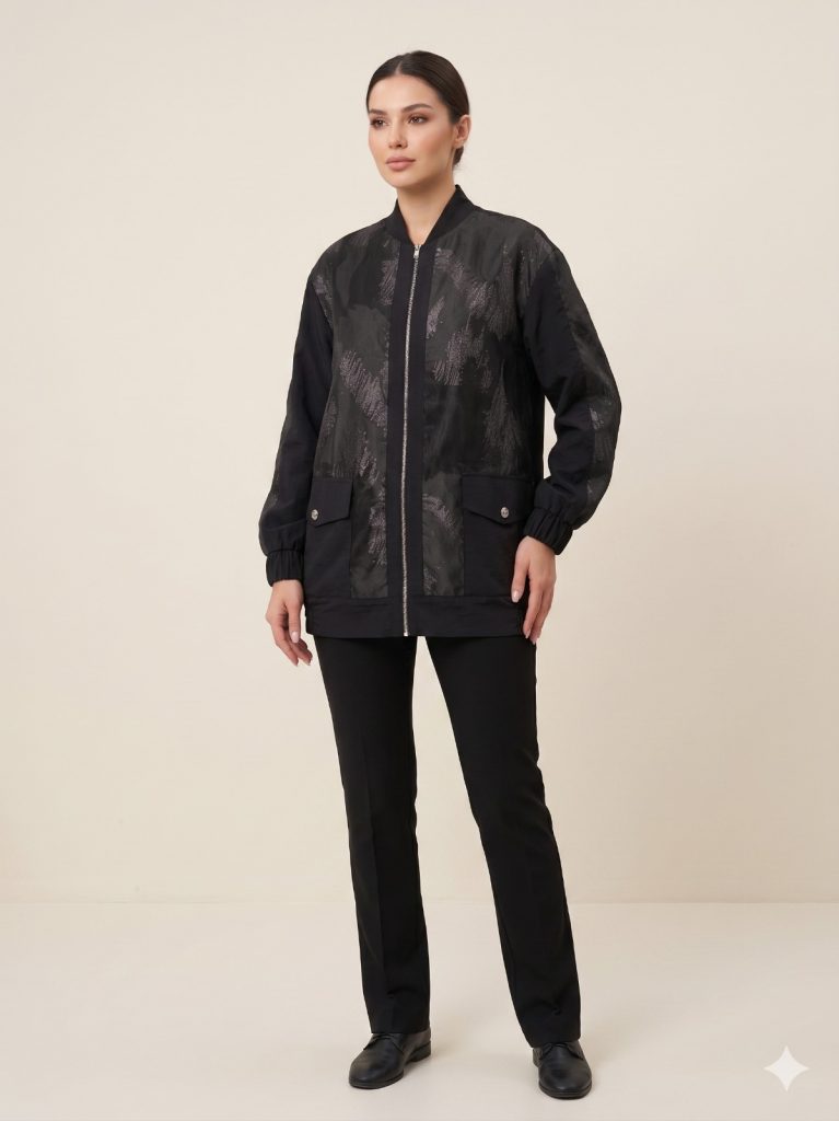 MY312 Desenli Beli Lastikli Ceket 7737 - Siyah